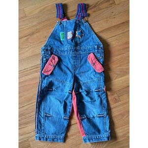 Oilily Vintage Denim Colorblock Overalls Red Blue Chenille Patch Logo Straps 2T